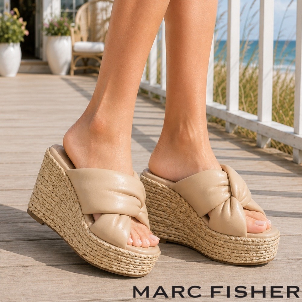 Marc Fisher, Navina Puffy Tan Leather Knotted Raffia Wedge Platform Sandals 6.5